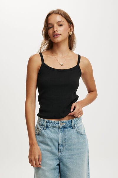 Goldie Rib Scoop Cami, BLACK