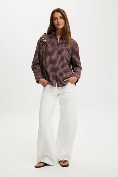 Sloane Oversized Shirt, MICRO CHECK COCOA/DEEP POMEGRANATE