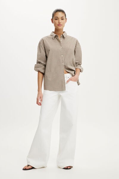 Sloane Oversized Shirt, MICRO CHECK HONEY BEIGE/RICH MOCHA