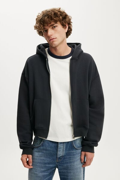 Cropped Zip Up Hoodie, WASHED BLACK