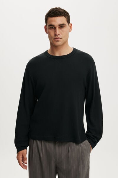 Cropped Fit Textured Long Sleeve, WASHED BLACK WAFFLE