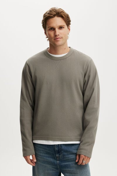 Cropped Fit Textured Long Sleeve, SLATE STONE WAFFLE