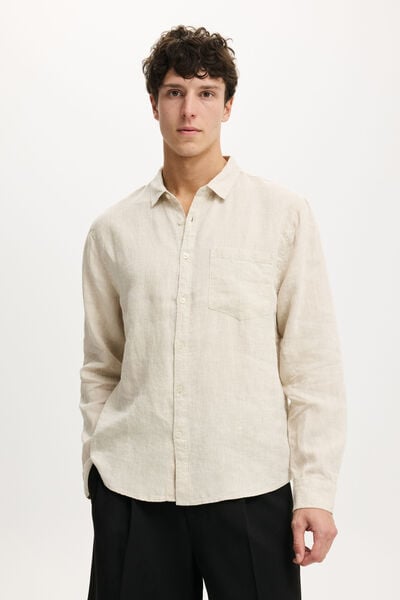 Relaxed Linen Long Sleeve Shirt, OATMEAL