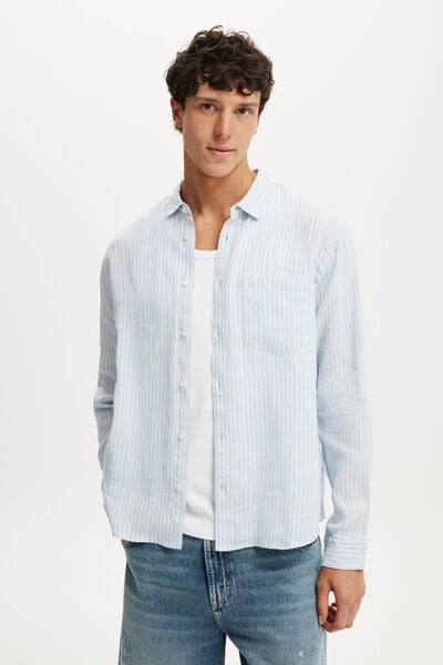 Relaxed Linen Long Sleeve Shirt, SKY BLUE STRIPE