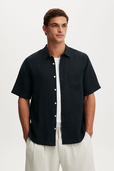 Relaxed Linen Short Sleeve Shirt, FADED BLACK