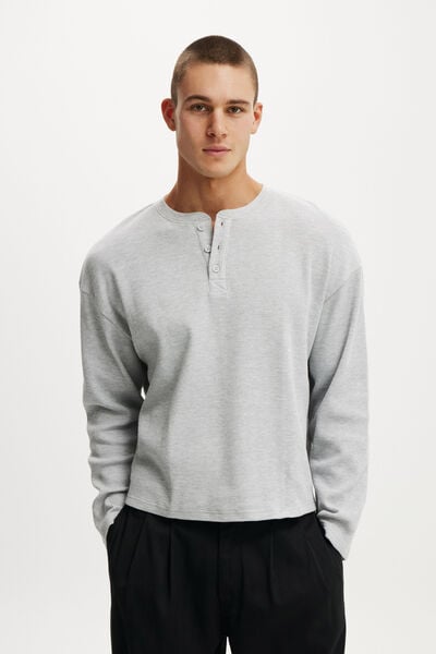 Relaxed Fit Textured Henley Long Sleeve, GREY MARLE WAFFLE