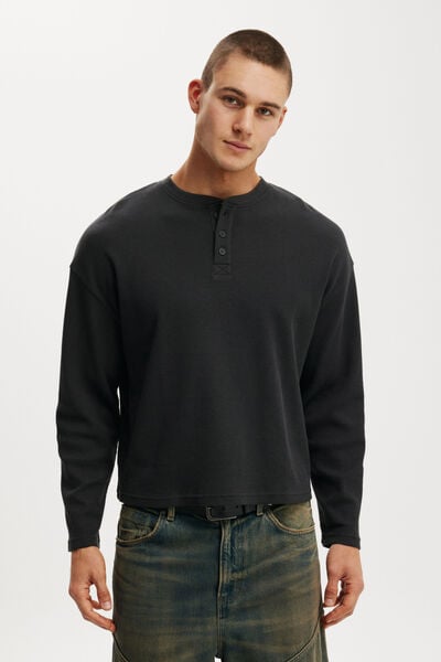 Relaxed Fit Textured Henley Long Sleeve, WASHED BLACK WAFFLE